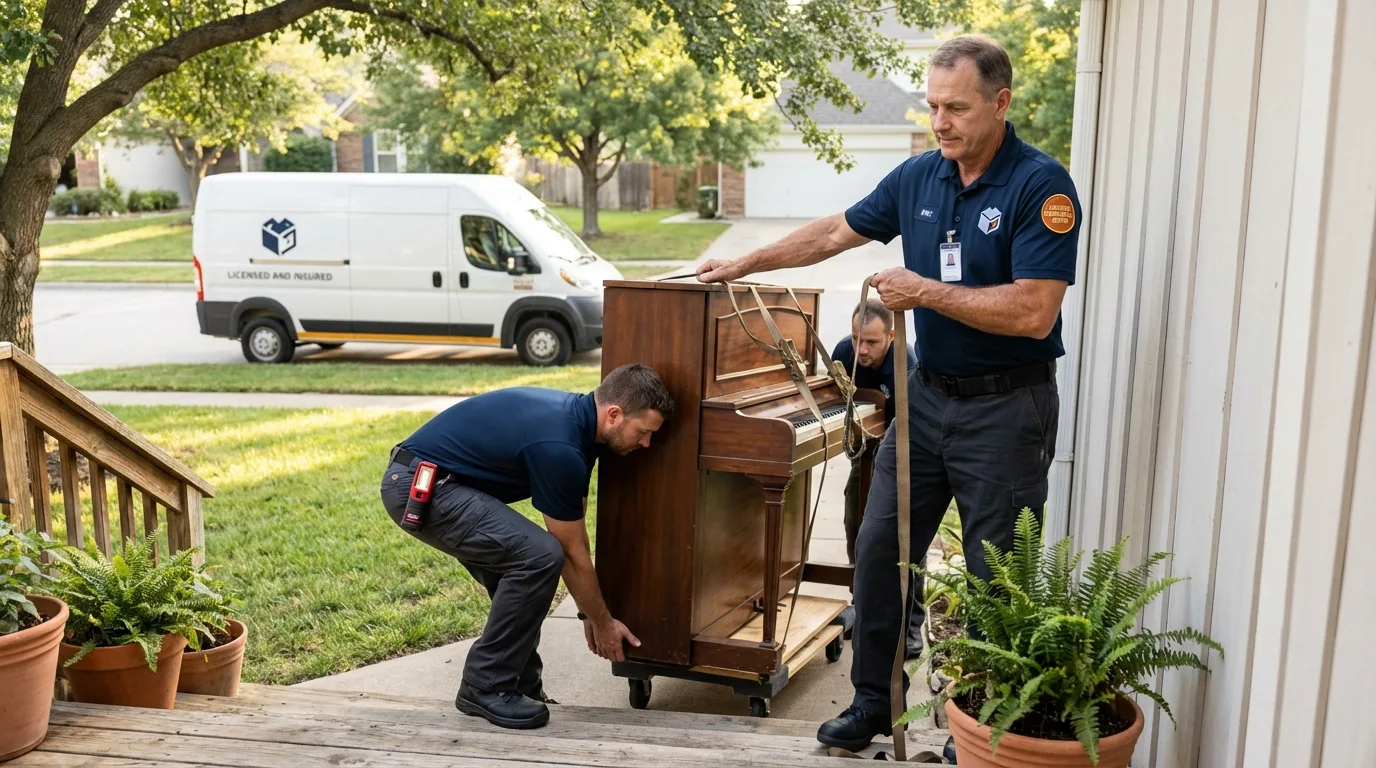 Licensed piano movers securing grand piano in Buckhannon, WV