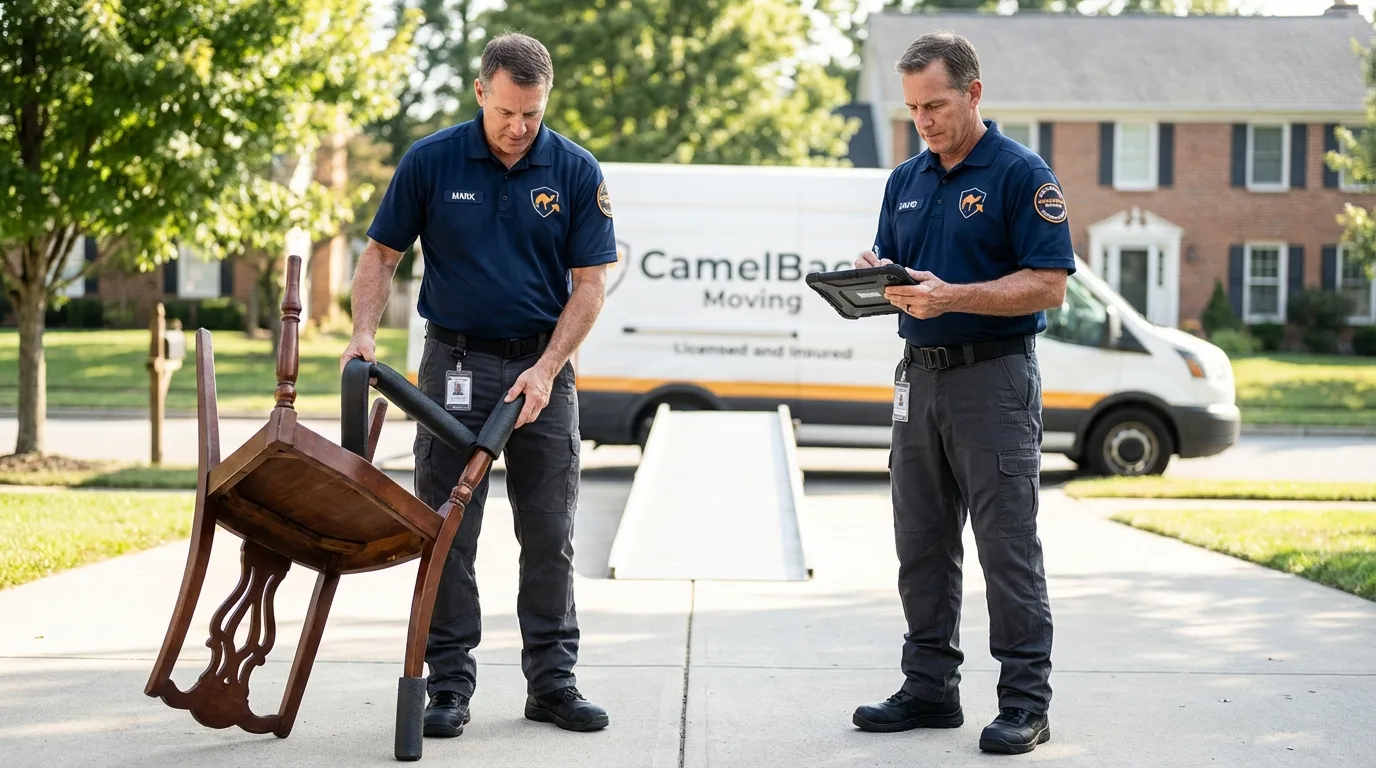 Movers inspecting furniture for damage prevention before loading in Buckhannon, WV